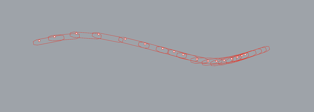 The vessel's hull geometry as a Rhino wireframe scene, one hull per recorded fix along the track
