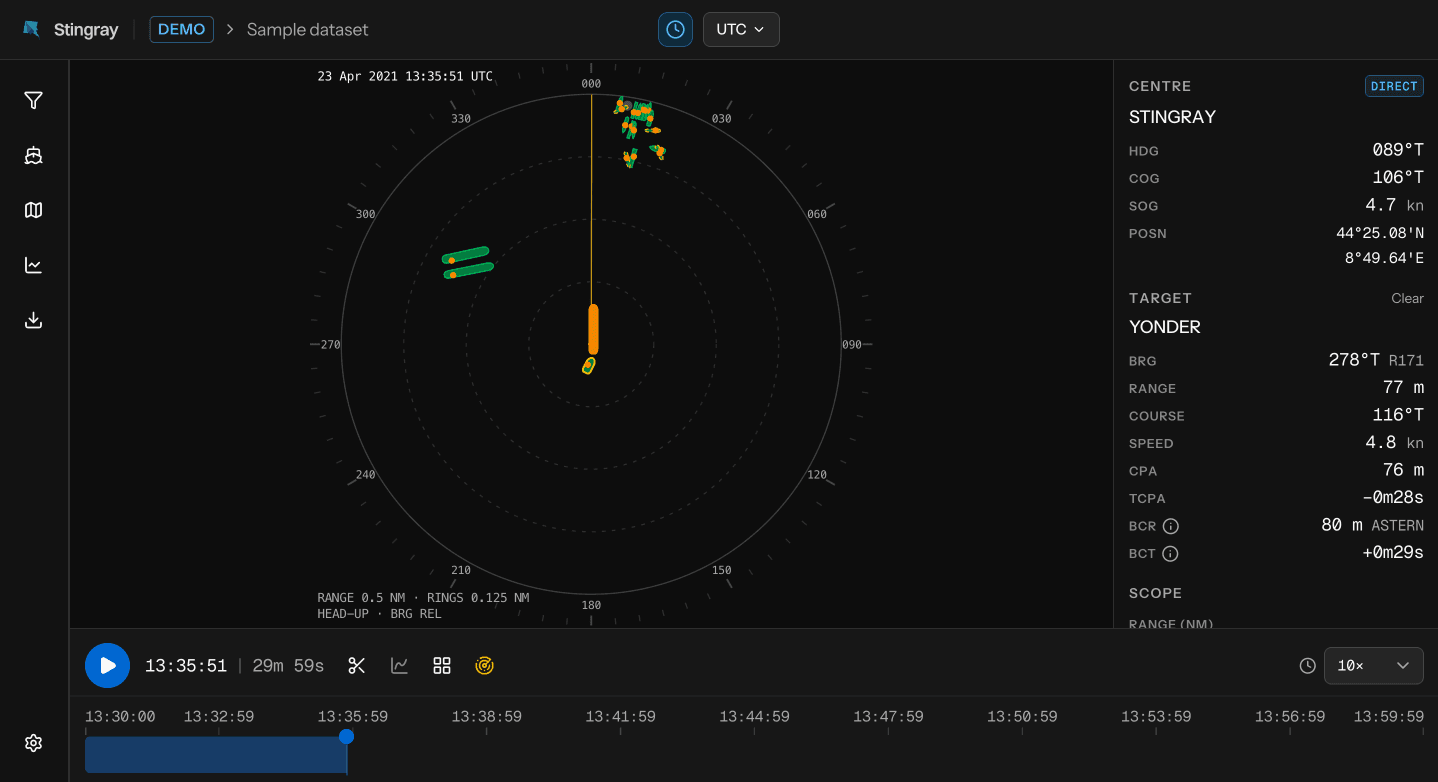 The Stingray radar view: a dark PPI scope centred on one vessel, with range rings, a bearing scale and a data column.